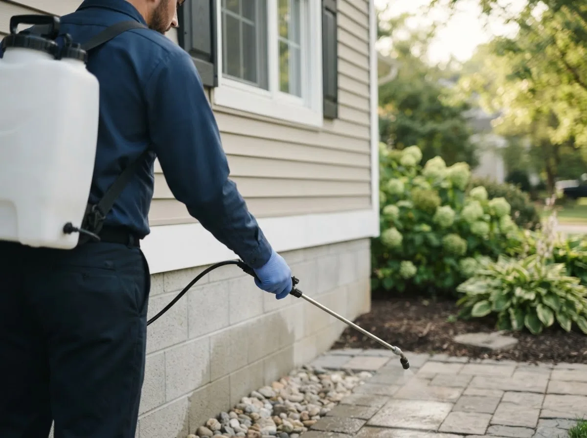 Pest control technician inspecting a home in Stirling City, CA